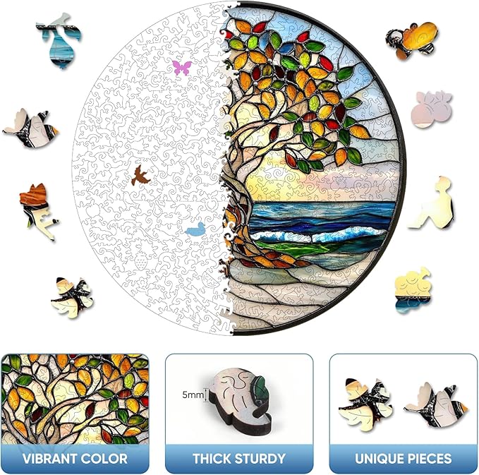 Ruikiyart Wooden Puzzles for Adults, 5MM 500 Pieces Coast Tree Wooden Jigsaw Puzzles, Tree of Life Puzzle Unique Shaped for Adults and Kids on Birthday, Christmas Family Puzzle Games (16.5"*16.5")