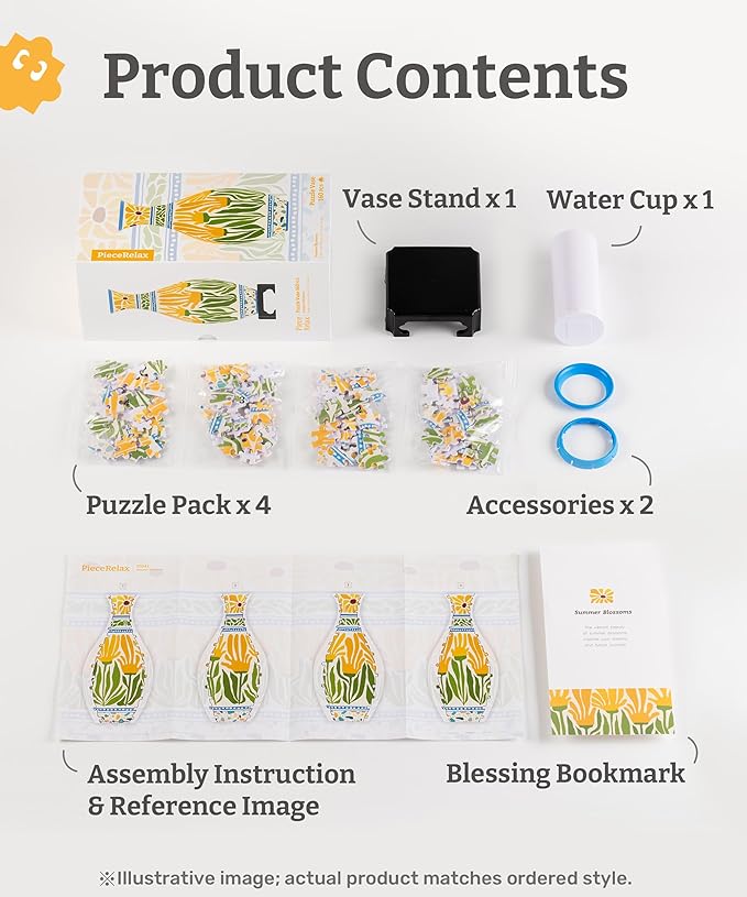 PieceRelax Unique Flower Vase - 3D Puzzle Vase for Adults to Flower Arrangement and Home Decoration Made by 160 Curved and Translucent Plastic Puzzle Pieces - Summer Blossom [S1041]
