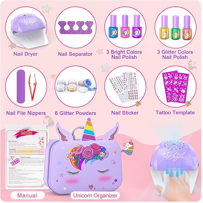 Kids Nail Polish Set for Girls, Nail Art Kit with Non-Toxic Nail Polish & DIY Nail Stickers, Kids Nail kit with Nail Dryer and Peelable Nail Polish, Gift Toys for Girls Age 3-12