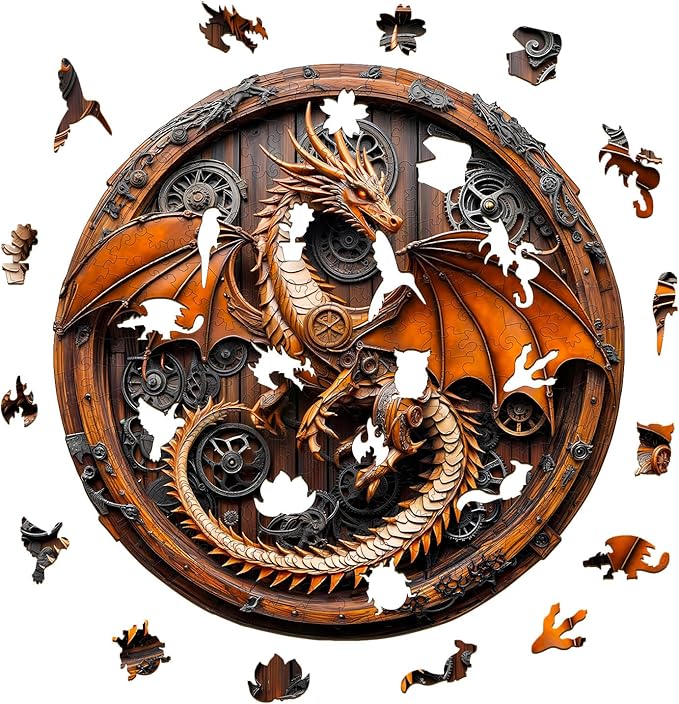 KAAYEE Wooden Puzzles for Adults, 3D Vision Mechanical Dragon Wooden Jigsaw Puzzles Unique Shape Advanced Wood Puzzle Adult, Birthday Fathers Family Game (S-8.5 * 8.4in-100pcs)