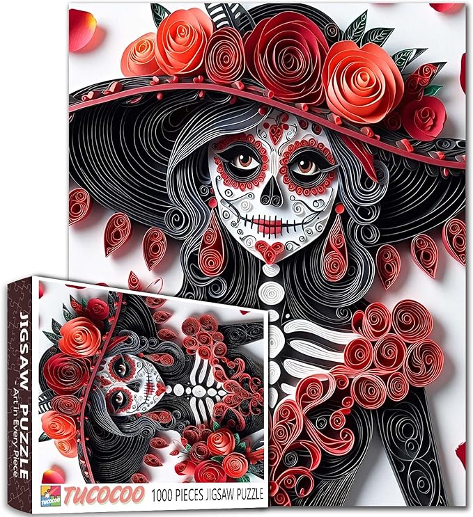 Tucocoo Skeleton Woman 1000 Piece Jigsaw Puzzle for Adults, Elegant Skull Girl Puzzles Red Roses Paper Art Puzzle Home Decor Gift Difficult Art 1000 Pieces Challenging Puzzle Family Game Night