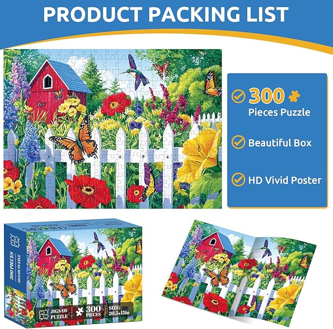 300 Piece Puzzle for Adults,Beautiful Garden Puzzles for Adults Kids Elderly,Large Piece Butterfly and Birds Puzzles for Kids Age 8-10 10-12,Challenging Flower Puzzle,Family Game Great Gift 20.5x15 in