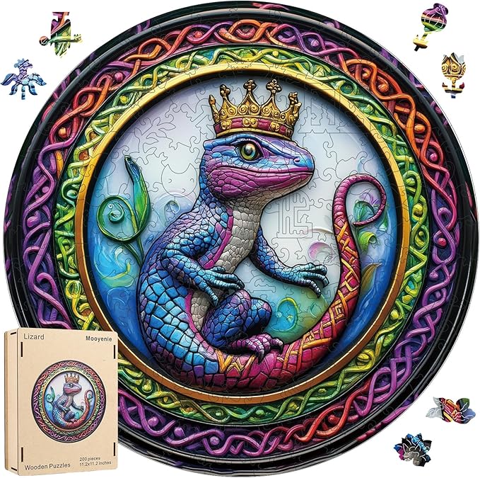 Wooden Jigsaw Puzzle, 200 Pcs Unique 3D Shape Jigsaw Puzzles, Wood Puzzle Gift Box Packing, Medium Size Letter, Creative Gift for Adults and Kids, Fun Challenging (200PCS, Chameleon)