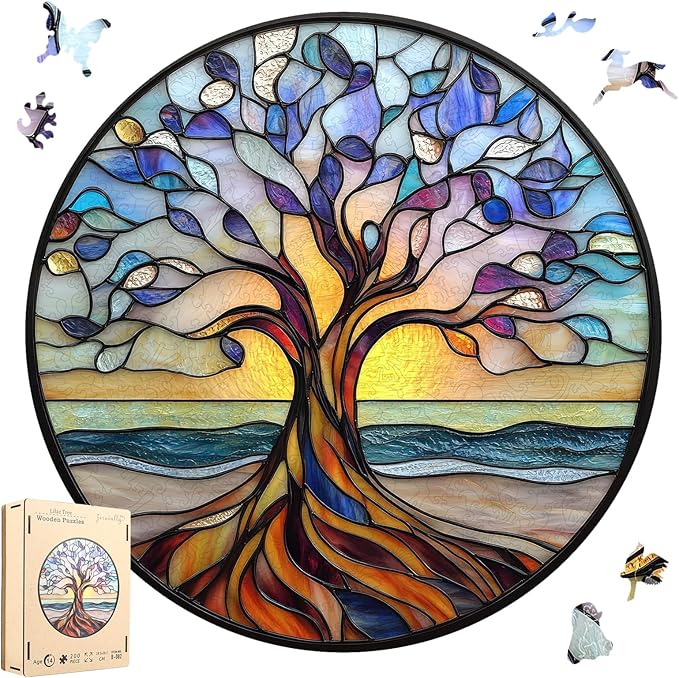 Wooden Puzzle for Adults, Seaside Tree of Life Puzzles for Adults, Unique Shaped Challenge Puzzle, Beautiful Package, Best Gift Toys for Family Friends, Brain Games Medium 11.2x11.2in