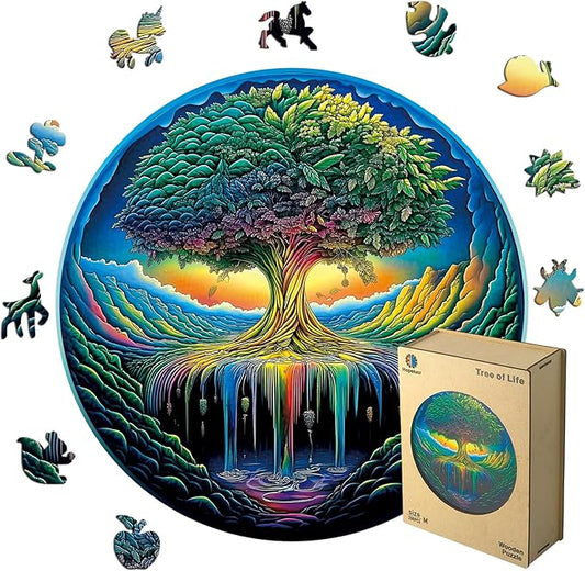 Wood Puzzles Adult, Rainbow Tree of Life Puzzle, Unique Wooden Puzzle for Adults and Kids, Family Game, Animal Shaped Jigsaw Puzzles, 200 Piece 11.2"×11.2"