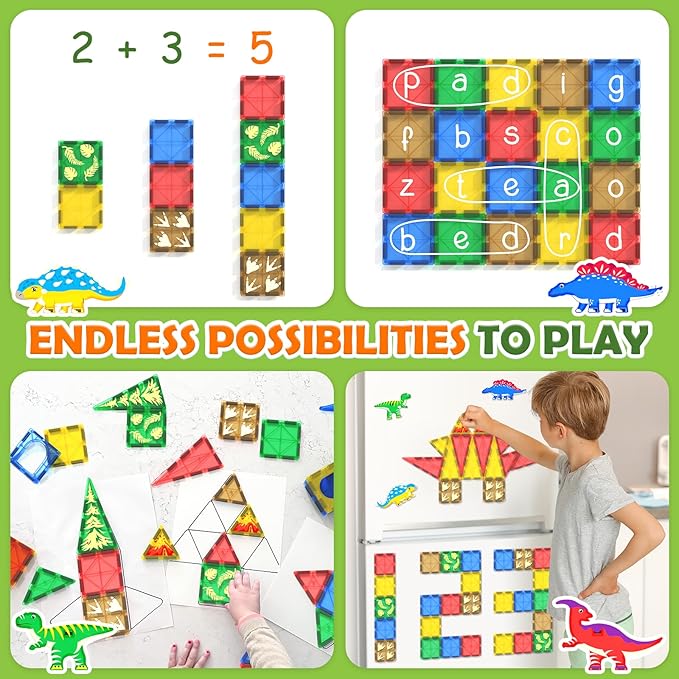 Dinosaur Toys Magnetic Tiles Jurassic Scenes Dinosaur World, Magnetic Blocks STEM Sensory Toddler Kids Games, Creative Toys Gifts for 3+ Years Old Boys Girls for Kids 3-5 5-7
