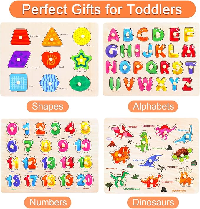 Montessori Wooden Peg Puzzles for Toddlers 3 4 5 Year Old, 4 Pcs Kids Educational Toys Preschool Learning Activities-Alphabet, Shape, Number and Dinosaur, Baby Puzzle Gifts for Boys Girls