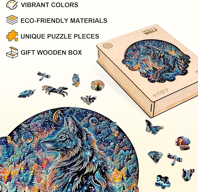 KAAYEE Wooden Puzzles for Adults, 3D Visual Effect Wolf Nebula Wooden Jigsaw Puzzle Unique Shape Wood Puzzle Adult, 3D Effect Flat Puzzle Birthday Family Game (M-11.4 * 10.4in-180pcs)