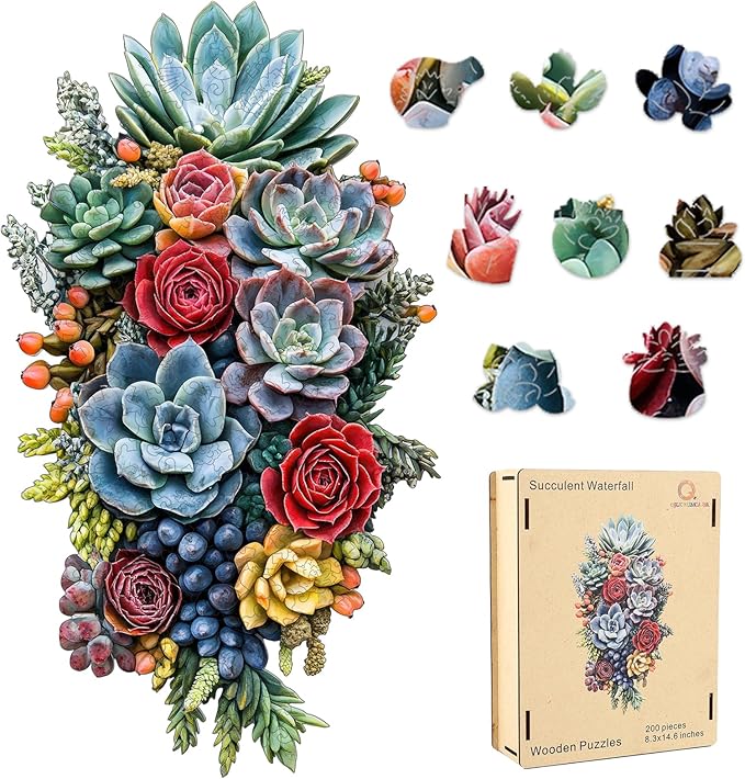 Succulent Waterfall Jigsaw Puzzles, 200Pieces Wooden Puzzles for Adult, Unique Design Liberty Wooden Puzzles for Adults and Kids, Family Game Gifts, 8.3 * 14.6in