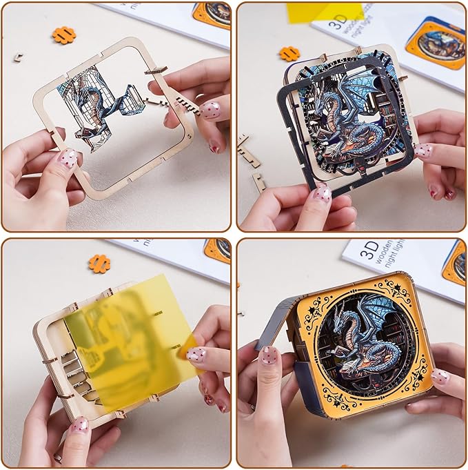 3D Puzzle Nightlight-DIY LED Light 3D Dragon Library Wooden Jigsaw Puzzle-Art Lamp and Craft Kits for Adults-Birthday Gifts Toys-Home Desk Decor Family Game