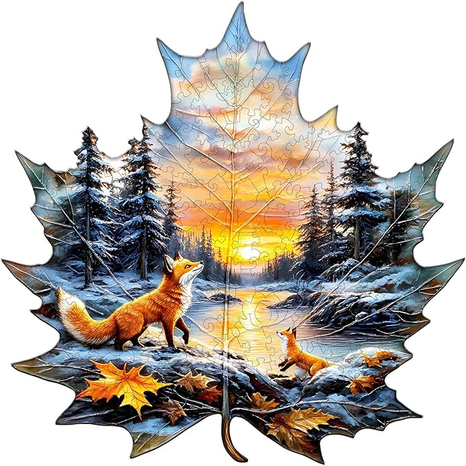 Wooden Puzzles for Adults, Winter Fox Wooden Jigsaw Puzzle for Adults, Magical Forest Wood Puzzles Adult, Unique Animal Shape, Fun Gifts for Friends & Family, Home Decor(S-8.5 * 8.4in-95 pcs)
