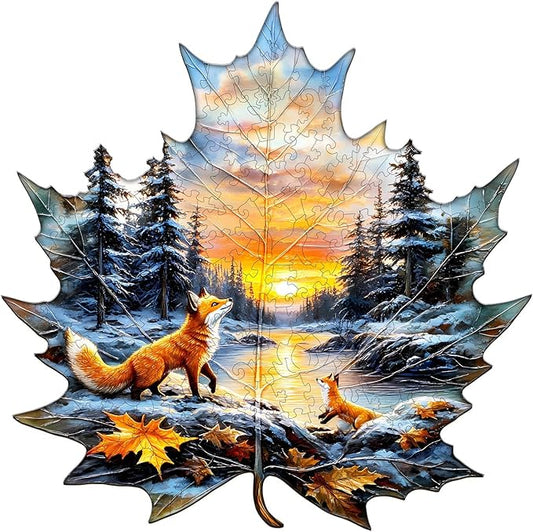 Wooden Puzzles for Adults, Winter Fox Wooden Jigsaw Puzzle for Adults, Magical Forest Wood Puzzles Adult, Unique Animal Shape, Fun Gifts for Friends & Family, Home Decor(M-11.4 * 11.3in-165 pcs)