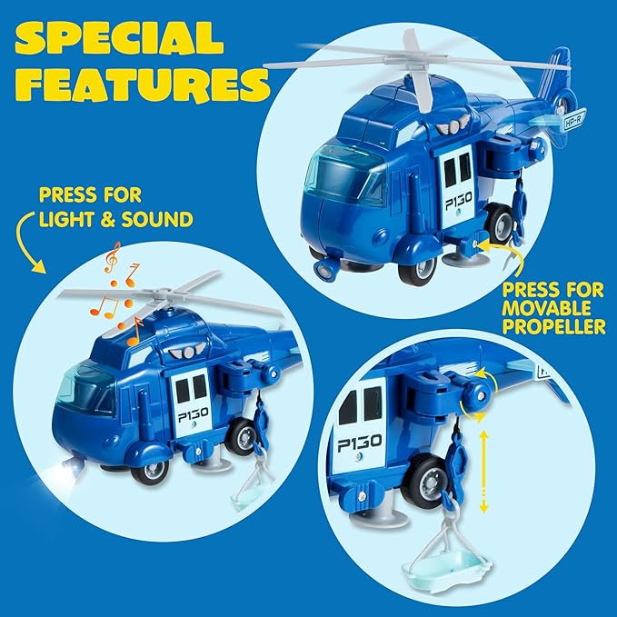 JOYIN 4 Packs Emergency Vehicle Toy Playsets, Friction Powered Vehicles with Light and Sound, Including Fire Truck, Ambulance, Play Police Car and Helicopter, Christmas Toddler Kids Boys Gifts