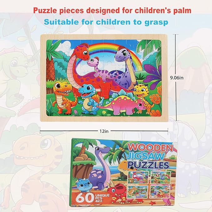 Wooden Puzzles Dinosaur Toys for Kids Ages 3-5, Set of 4 Packs with 60-Piece Wood Jigsaw Puzzles, Preschool Educational Brain Teaser Boards for Boys