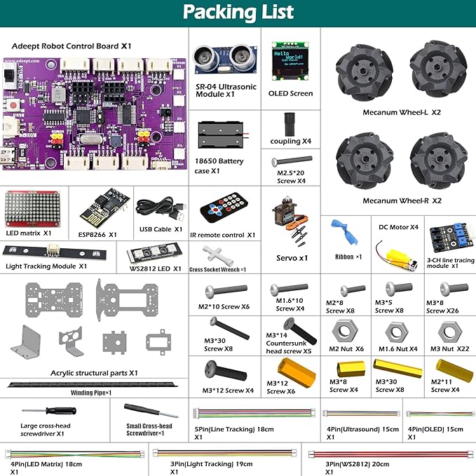 Adeept Mecanum Wheel Smart Car Kit(Compatible with Arduino IDE), Line Tracking, Light Tracing, Obstacle Avoidance, Servo Motor, OLED Display, Buzzer, LED Dot Matrix Display