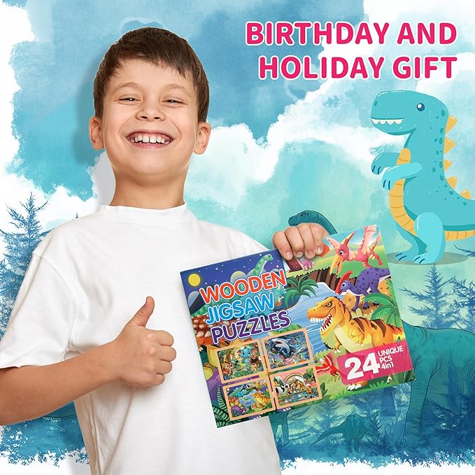 24PCS Wooden Puzzles for Kids Ages 4-6, 4 in 1 Box, Preschool Educational Toys Birthday Gifts Puzzles for 3 4 5 6 7 8 Year Old Boy Girls, Animal