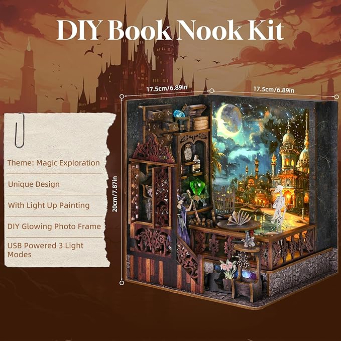 Book Nook Kit, Book Nook Kits for Adults and Teens, DIY Miniature Dollhouse Kit 3D Wooden Puzzle Booknook Bookend with LED Light