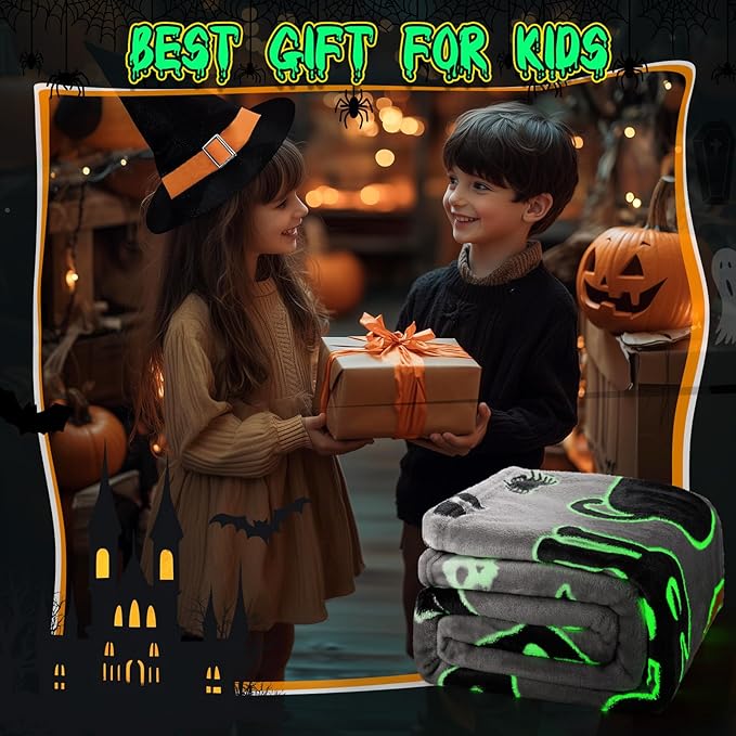 Halloween Glow in The Dark Blanket Gifts Toy for Boys Girls Daughter Son Glowing Black Cat Pumpkin Ghost Bat Witch Hat Spooky Soft Cozy Throw Party Favors Present for Kids Adult Sofa Bed Decor 50"x60"