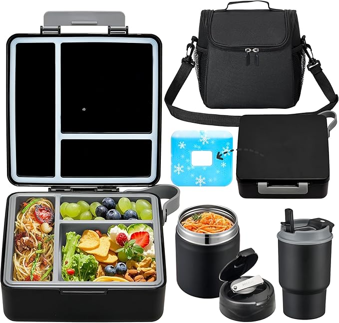 Bento Lunch Box for Kids with 17oz Soup Thermo,Insulated Tumbler Water Bottle and Insulated Lunch Bag,Leak-Proof 3 Compartment Lunch Food Container with with Ice Pack for Kids to School-Black