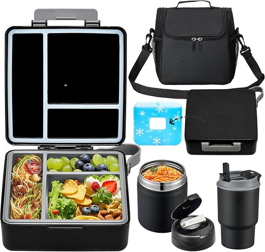 Bento Lunch Box for Kids with 17oz Soup Thermo,Insulated Tumbler Water Bottle and Insulated Lunch Bag,Leak-Proof 3 Compartment Lunch Food Container with with Ice Pack for Kids to School-Black