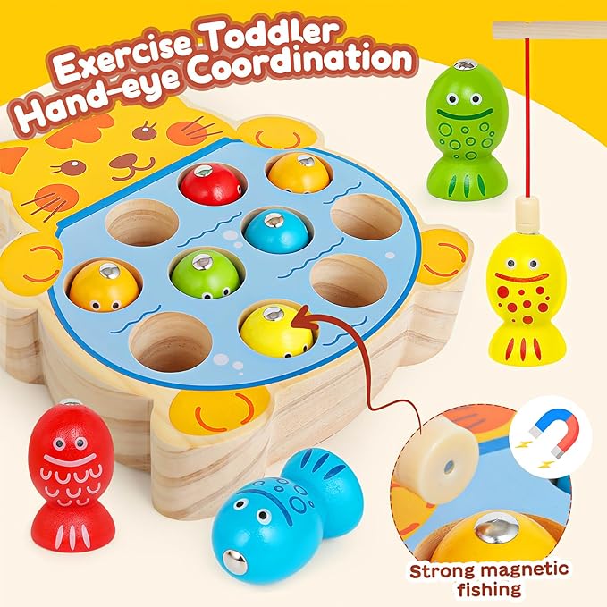 Montessori Magnetic Wooden Fishing Game for Kids 3-5, Fine Motor Skills Toys Learning Color Sorting & Hand Eyes Coordination Easter Basket Stuffers for Toddlers Boys Girls
