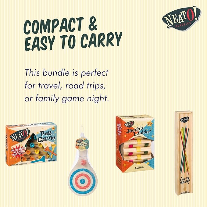Neato Wood Toys Bundle – Includes Classic Wooden Peg Game, Jacob's Ladder Puzzle, Pick-Up Sticks, and Bounce-Back Paddle Ball – Fun Retro Games for Kids & Adults – Perfect for Travel & Family Play