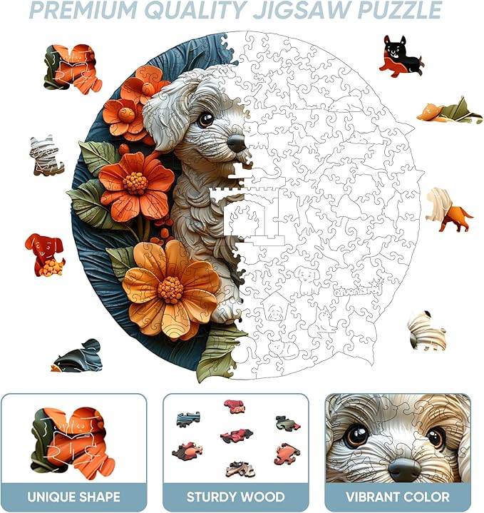 Wooden Puzzle for Adults - 3D Vision Effect White Dog Wooden Puzzle 500 Pcs Unique Shape Advanced Wooden Jigsaw Puzzle, Wood Puzzles, Challenge Wooden Jigsaw Puzzle(16.2 x 16.5 in)