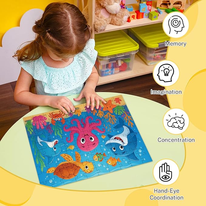 4-Pack 100 Piece Puzzles for Kids Ages 4-6 6-8 8-10, Farms Dinosaurs Seaworld Wildlife Kids Puzzles Ages 3-5 4-6 5-8 8-10, Learning Educational Kid Jigsaw Puzzles Toys for Girls and Boys (15x10 in)