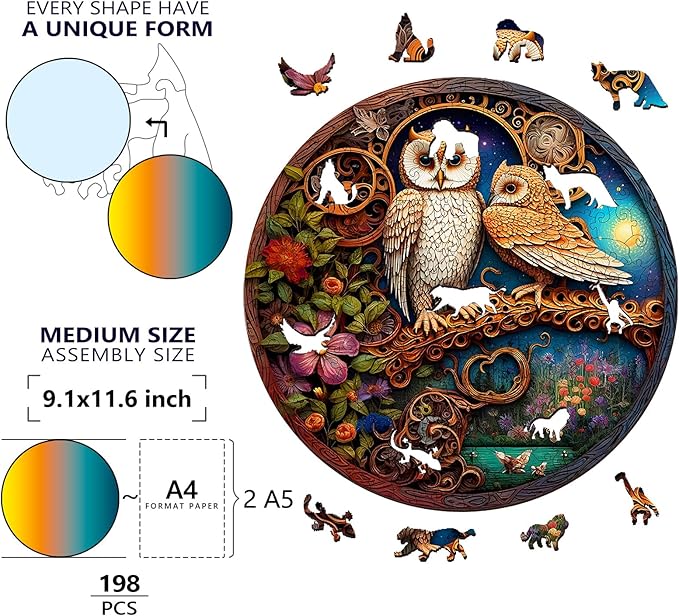 Wooden Puzzles for Adults, Unique Puzzles for Adults, Irregular Animal Shaped Wooden Jigsaw Puzzles, Creative Birthday Gift,11.8 x 9.1 inch, Owl Family
