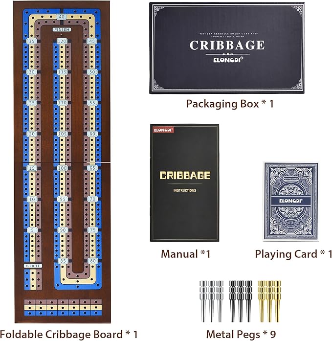 Foldable Wooden Cribbage Board Game Set, Portable Travel 3 Track Cribbage Board with Magnetic Closure,9 Metal Pegs,A Deck of Cards - Family Board Games for Kids and Adults