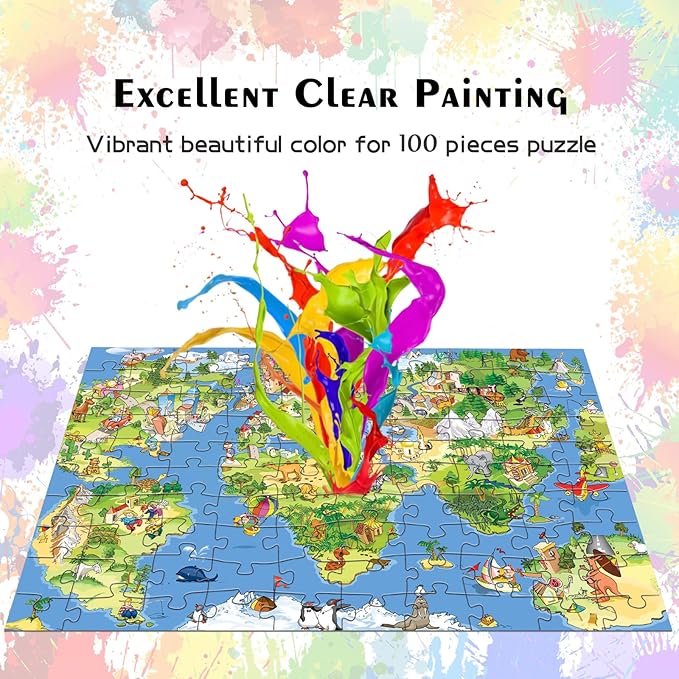 HUADADA Jigsaw Puzzles for Kids 100 Pieces, World Map Floor Toys Montessori Games Learning Education Activities Birthday Gifts for Toddlers Boys Girls Ages 5 6 7 8+ Years Old (15"x10"), 1:1 Poster