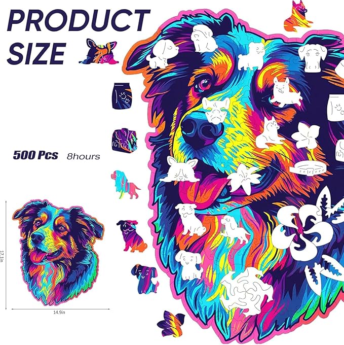 Australian Shepherd Dogs Wooden Puzzle 500 Pieces Stained Colorful Art Painting Jigsaw Puzzle for Adults, Birthday Mother's Father's Day Christmas for Family Game (14.9 * 17.1 in)