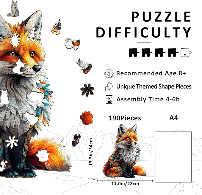 Wooden Puzzles for Adults - Artistic Fox Wood Puzzles Adult - Unique Animal Shape Wooden Jigsaw Puzzles for Adults - Birthday Gifts for Puzzle Lovers, Family (13.3 * 11in)