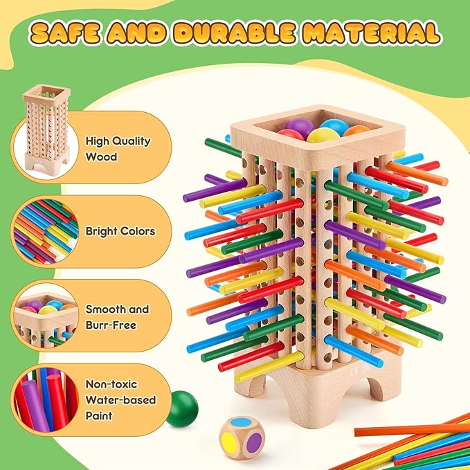 Montessori Game Wooden Board Games, 42 Colorful Sticks Dice Game Math Learning Toys for 3 4 5 6 Year Olds, Builds Fine Motor Skills & Counting, Family Travel Games for 3 Year Olds Gift for Kids