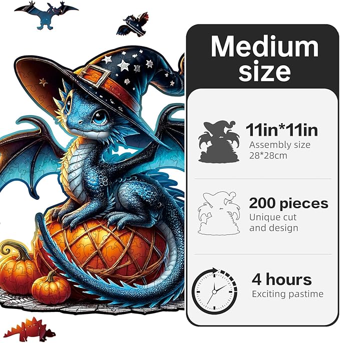 Dragon Wooden Puzzles for Adults,Pumpkin Witch Jigsaw Puzzles 200 Piece,Thanksgiving Birthday Gifts Family Game,Unique Shape Puzzle Challenge 11 x 11 Inch
