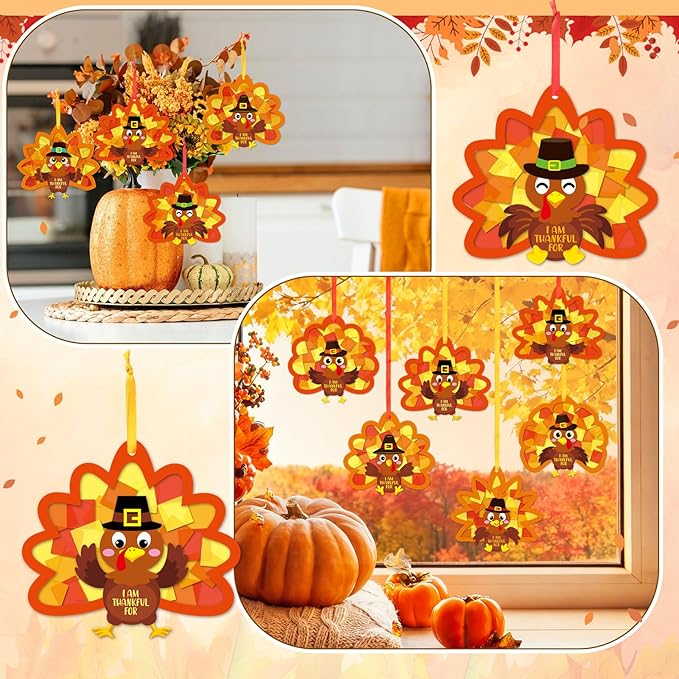 Funrous 32 Set Thanksgiving Turkey Suncatcher Craft Kit Autumn DIY Hanging Ornaments Window Stained Glass Effect Art Colorful Tissue Paper Crafts Fall Thanksgiving Home Classroom Decorations Supplies
