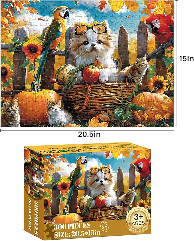 300 Piece Jigsaw Puzzle for Adults Cat Pumpkin Puzzle Recycled Cardboard Paper Puzzles Coolest Difficult Puzzles for Kids Adults Elderly Perfect for Family Games 20.5 * 15IN