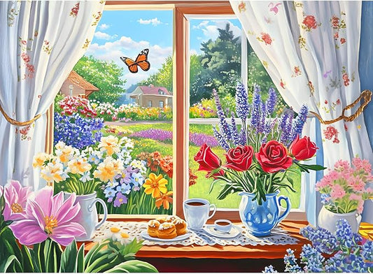 300 Pieces Puzzle for Adults, Flower and Butterfly Puzzle Recycled Cardboard, Beauty Window and Garden Jigsaw Puzzles, Challenging Game Home Decor Party Gift for Adults Kids Seniors 20.5 * 15 inch