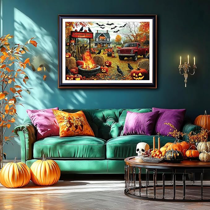 Halloween Scarecrow Haven 1000 Piece Jigsaw Puzzle for Adults Spooky Fall Farmhouse Scene with Jack-O-Lanterns, Ravens & Vintage Truck Challenging Puzzle Game (27.6"x19.7")