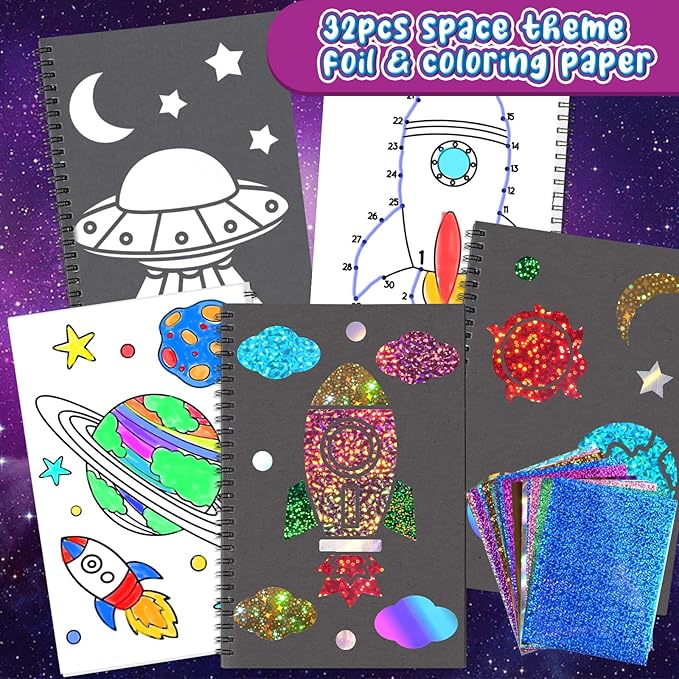 Art & Craft Activity,Foil Craft Outer Space DIY Art Fun Kits,No Mess Creative Foil Art Kits Set Drawing Game for Kids,Birthday Gifts Craft Supplies Travel Toys for Girls Boys Ages 4 5 6 7 8 9 Year Old