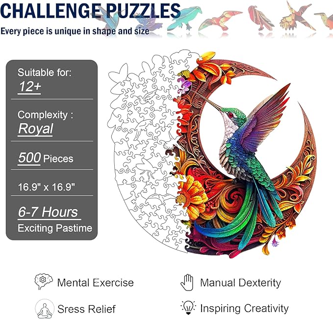 Unique Wooden Puzzles for Adults, Hummingbird Puzzle 500 Pieces 16.9" x 16.9", Animal Shaped Wood Puzzles Adult Brain Teasers, Wooden Jigsaw Puzzles, Family Games for Kids and Adults