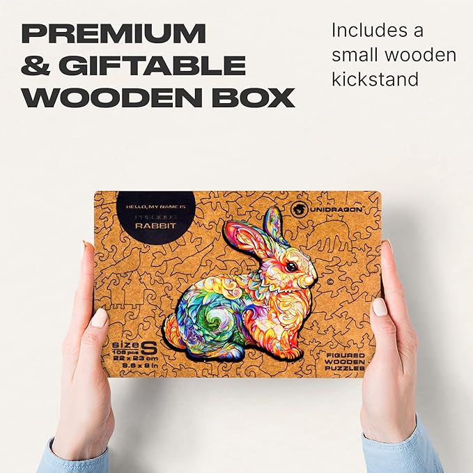 UNIDRAGON Original Wooden Jigsaw Puzzles - Precious Rabbit, 106 Pieces, Small Size 8.6"x9", Beautiful Gift Package, Unique Shape Best Gift for Adults and Kids