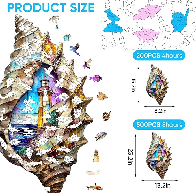 delobil Wooden Puzzles, Shell Landscape Jigsaw Puzzles 500 Pieces, Unique Shaped Wooden Puzzle for Adults and Kids, Ghristmas Gift Family Game 23.2 x 13.2 Inch