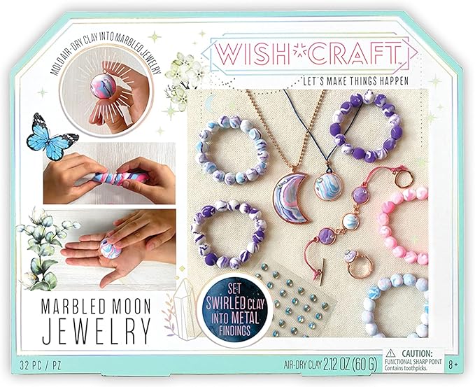 Bright Stripes Wish*Craft Marbled Moon Jewelry – DIY Marbleized Clay Jewelry Kit with Air-Dry Clay Molds, Iridescent Gems, Vibrant Colors, Metal Findings, Versatile String & Resealable Storage Bags