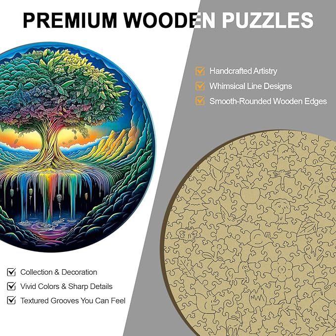Wood Puzzles Adult, Rainbow Tree of Life Puzzle, Unique Wooden Puzzle for Adults and Kids, Family Game, Animal Shaped Jigsaw Puzzles, 200 Piece 11.2"×11.2"