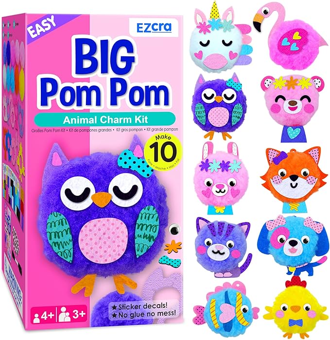 EZCRA Kids Crafts Ages 4-8 – 10 Plush Pom Pom Animal All-in-One DIY Craft Set – Felt Stickers, Educational & Creative Gift for Girls & Boys