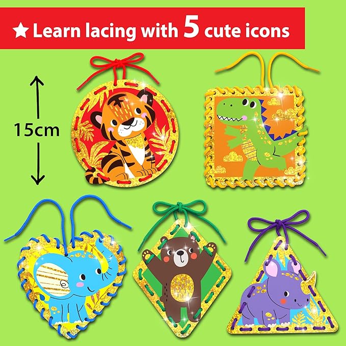 EZCRA Lacing Cards for Kids Ages 3-5 - 5 Pcs Animal Theme with Colorful Laces - Craft Kit for Kids DIY Activity Set - Fine Motor Skills Toys and Preschool Learning Activities