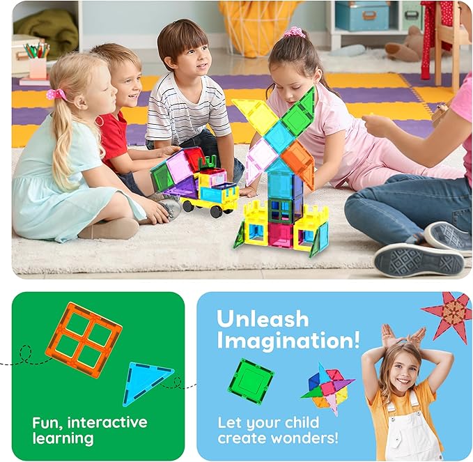 PicassoTiles 101 PCs Magnetic Tiles Building Blocks with Car & Drawstring Carry Bag Toy Storage Magnet Block for Toddlers Kids STEM Toy Set Educational Tile Learning Brain Development Ages 3+ PC101