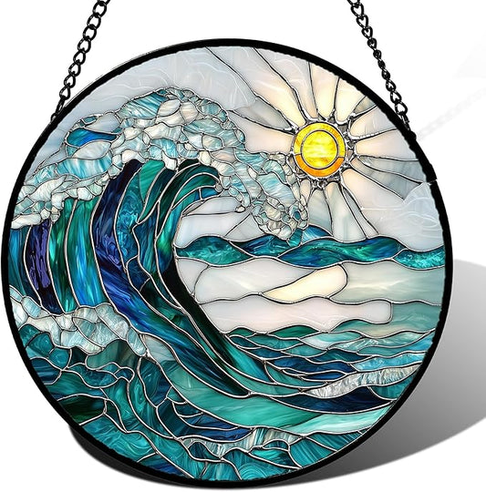 Stained Glass Window Hanging - Blue Green Waves Suncatcher for Door Terrace Garden Home Decor Sunrise Over The Sea Sun Catcher Birthday Gifts for Lovers Women Men Dad Mom Nana 9.8 in