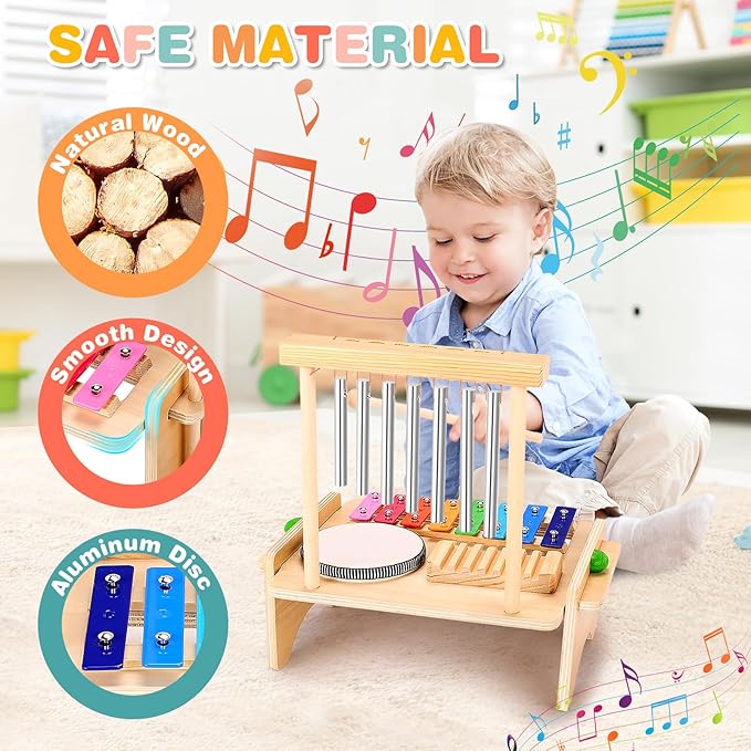 Kids Drum Set for Toddlers, Montessori Musical Instruments Toys, Toddler Drum Set Wooden Xylophone Musical Toys Birthday for Children Boys and Girls